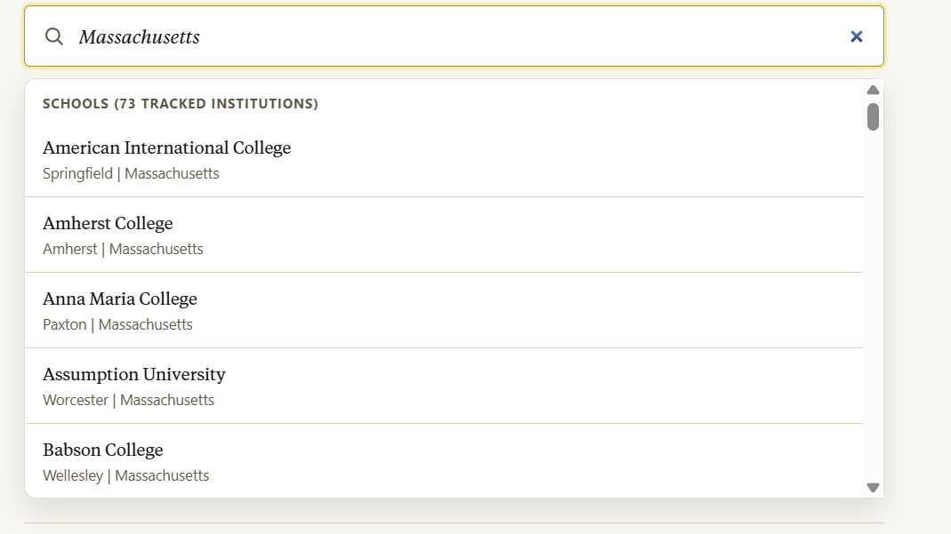 Search example showing Massachusetts entered in the search box and a list of Massachusetts colleges in the results.